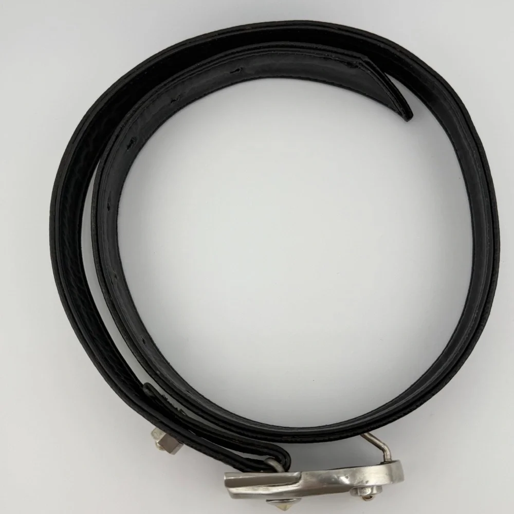 Black Leather Belt Industrial Tool Buckle Silver Hardware Adjustable Waist Belt